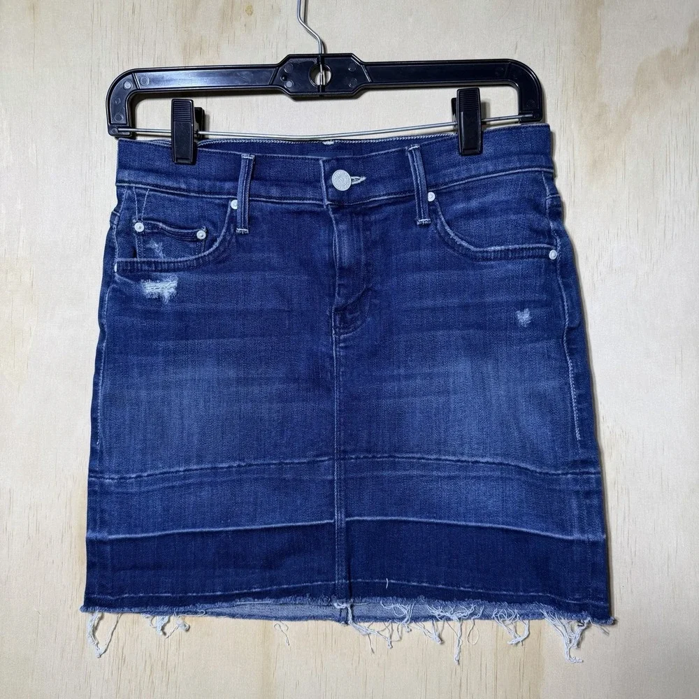 MOTHER Undone Hem Mini‎ Skirt Womens 25 Dark Graffiti Denim Distressed Blue
